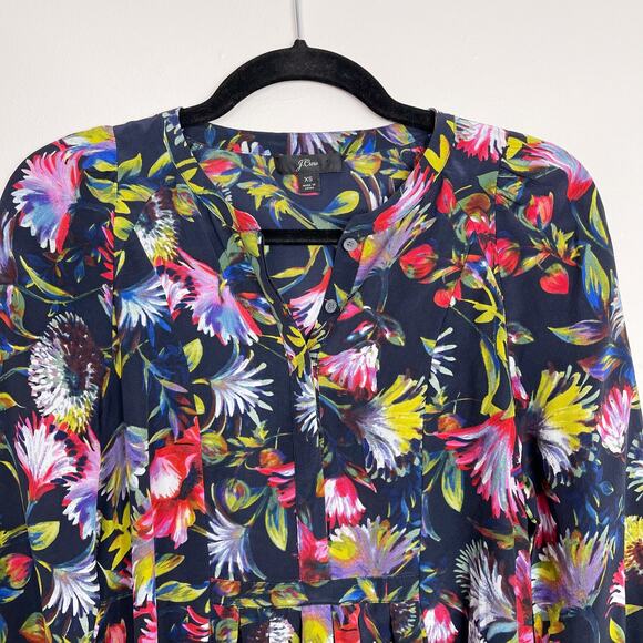 J Crew Silk Pleated Floral Popover Blouse Top Navy Blue XSmall K1822 Womens - Picture 3 of 11